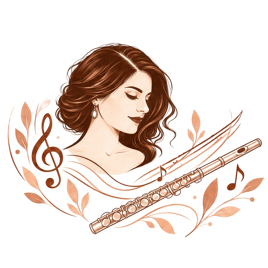 Elegant musical illustration of Natalia with a flute, music notes and peach leaves